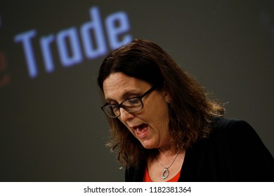 Brussels, Belgium. 18th September 2018.  European Commissioner For Trade Cecilia Malmstrom Gives A Press Conference On WTO Reform And The Alliance For Torture-Free Trade. 