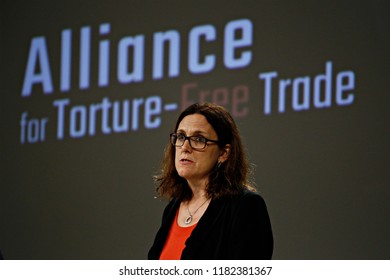 Brussels, Belgium. 18th September 2018.  European Commissioner For Trade Cecilia Malmstrom Gives A Press Conference On WTO Reform And The Alliance For Torture-Free Trade. 