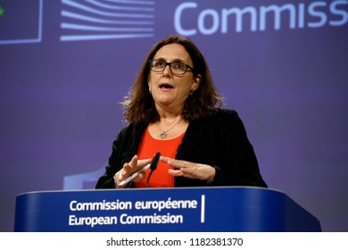 Brussels, Belgium. 18th September 2018.  European Commissioner For Trade Cecilia Malmstrom Gives A Press Conference On WTO Reform And The Alliance For Torture-Free Trade. 