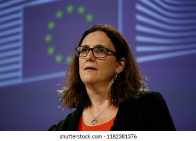 Brussels, Belgium. 18th September 2018.  European Commissioner For Trade Cecilia Malmstrom Gives A Press Conference On WTO Reform And The Alliance For Torture-Free Trade. 