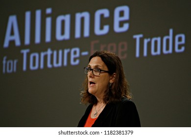 Brussels, Belgium. 18th September 2018.  European Commissioner For Trade Cecilia Malmstrom Gives A Press Conference On WTO Reform And The Alliance For Torture-Free Trade. 