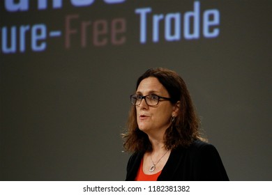 Brussels, Belgium. 18th September 2018.  European Commissioner For Trade Cecilia Malmstrom Gives A Press Conference On WTO Reform And The Alliance For Torture-Free Trade. 