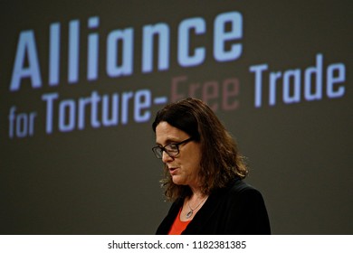 Brussels, Belgium. 18th September 2018.  European Commissioner For Trade Cecilia Malmstrom Gives A Press Conference On WTO Reform And The Alliance For Torture-Free Trade. 