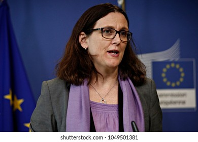 Brussels, Belgium. 19th March 2018. EU Commissioner for Trade Cecilia Malmstrom gives a speech after the Union for the Mediterranean 10th Trade Ministerial Conference meeting at the EU headquarters. 