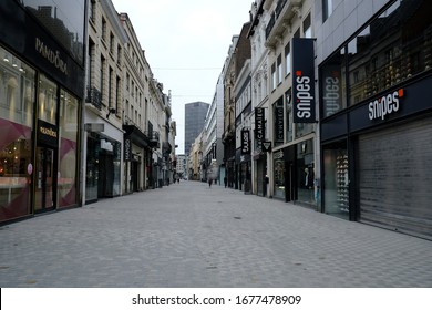 Brussels, Belgium. 19th March 2020.  A view of closed shops in historical centre following Belgium's government imposes a coronavirus lockdown.