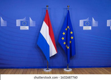 Brussels, Belgium. 1st February 2020. Flag Of European Union And Dutch Flag Stands At The European Commission Offices
