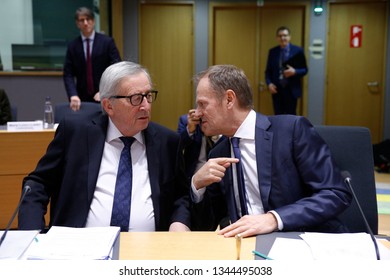 Brussels, Belgium. 20th March 2019. EU Commission President Jean-Claude Juncker and European Council President Donald Tusk  during the Tripartite Social Summit. 
