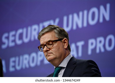 Brussels, Belgium. 20th March 2019. EU Commissioner Julian King Attends In A Press Conference On The Security Union.