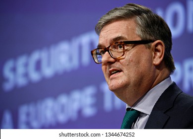 Brussels, Belgium. 20th March 2019. EU Commissioner Julian King Attends In A Press Conference On The Security Union.