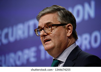 Brussels, Belgium. 20th March 2019. EU Commissioner Julian King Attends In A Press Conference On The Security Union.