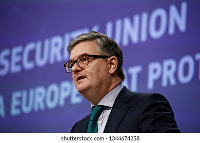 Brussels, Belgium. 20th March 2019. EU Commissioner Julian King Attends In A Press Conference On The Security Union.