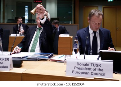 Brussels, Belgium. 21st March 2018.EU Commission President Jean-Claude Juncker (L) and European Council President Donald Tusk (R) during the Tripartite Social Summit. 