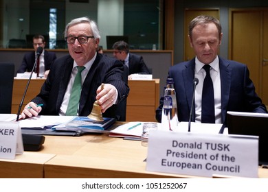 Brussels, Belgium. 21st March 2018.EU Commission President Jean-Claude Juncker (L) and European Council President Donald Tusk (R) during the Tripartite Social Summit. 