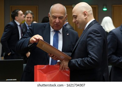 Brussels, Belgium. 21th January 2020. British Chancellor Of The Exchequer Sajid Javid  Attends A Finance Ministers' Economic And Financial Affairs Council (ECOFIN) Meeting.