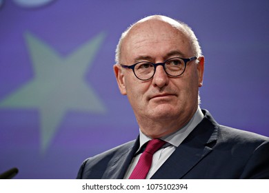 Brussels, Belgium. 23rd April 2018.  European Commissioner For Trade Cecilia Malmstrom And European Commissioner For Agriculture And Rural Development, Phil Hogan Give A Press Conference. 