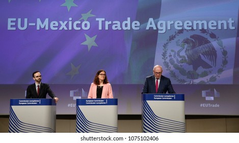 Brussels, Belgium. 23rd April 2018.  European Commissioner For Trade Cecilia Malmstrom And European Commissioner For Agriculture And Rural Development, Phil Hogan Give A Press Conference. 