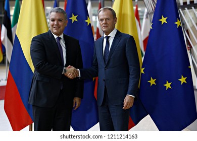 Brussels, Belgium. 24th October, 2018. Donald Tusk, The President Of The European Council  Welcomes The Colombian President Ivan Duque Marquez At European Council Headquarters.