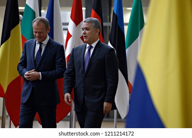 Brussels, Belgium. 24th October, 2018. Donald Tusk, The President Of The European Council  Welcomes The Colombian President Ivan Duque Marquez At European Council Headquarters.