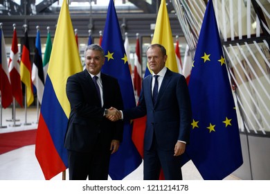 Brussels, Belgium. 24th October, 2018. Donald Tusk, The President Of The European Council  Welcomes The Colombian President Ivan Duque Marquez At European Council Headquarters.