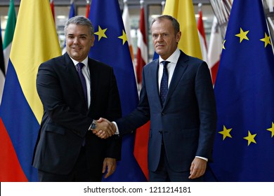 Brussels, Belgium. 24th October, 2018. Donald Tusk, The President Of The European Council  Welcomes The Colombian President Ivan Duque Marquez At European Council Headquarters.