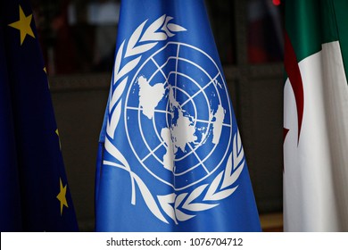 Brussels, Belgium. 25th April 2018. Flag of EU and UN  at an international conference on the future of Syria and the region.