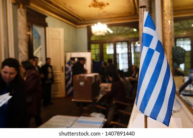 Brussels, Belgium. 25th May 2019.  Greek Citizens Living Abroad Vote For European Parliament Elections At A Polling Station.