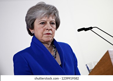 Brussels, Belgium. 25th Nov 2018. British Prime Minister Theresa May speaks during a press conference following the extraordinary EU leaders summit to finalise and formalise the Brexit agreement.