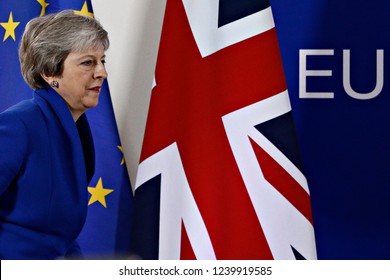 Brussels, Belgium. 25th Nov 2018. British Prime Minister Theresa May speaks during a press conference following the extraordinary EU leaders summit to finalise and formalise the Brexit agreement.
