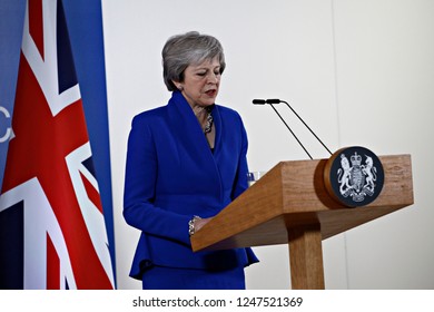 Brussels, Belgium. 25th Nov 2018. British Prime Minister Theresa May speaks during a press conference following the extraordinary EU leaders summit to finalise and formalise the Brexit agreement