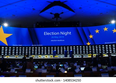 Brussels, Belgium. 26th May 2019. Interior View Of  I The European Parliament During The Night Of EU Elections.