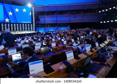 Brussels, Belgium. 26th May 2019. Interior View Of  I The European Parliament During The Night Of EU Elections.