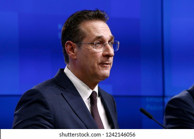 Brussels, Belgium. 27th November 2018.   
Heinz-Christian STRACHE, Austrian Federal Minister for the Civil Service and Sport gives a press conference in the results of Sports Council. 