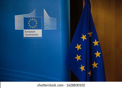 Brussels, Belgium. 28th January 2020. Flag Of EU Stands In European Commission Headquarters