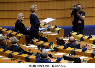 Brussels, Belgium. 29th January 2020. European Commission President Ursula Von Der Leyen gives a speech during a plenary session on BREXIT vote of the European Parliament