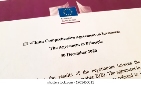 Brussels, Belgium - 30 December 2020: Cover Page Of The EU-China Comprehensive Agreement On Investment (CAI)