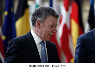 Brussels, Belgium. 31st May 2018. Donald Tusk, the President of the European Council  welcomes the President of theRepublic of Colombia Juan Manuel Santos at European Council headquarters. 