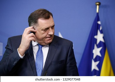 Brussels, Belgium. 4th March 2019. Chairman Of The Presidency Of Bosnia And Herzegovina, Milorad Dodik And Eu Commissioner Johannes Hahn Speak During A Press Conference At The European Commission.