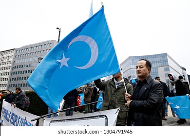 Brussels, Belgium. 5th Feb. 2019. Activists Protest The Treatment Of Uyghur Muslims By Chinese Authorities In Xinjiang Province At A Protest Outside The Headquarters Of The European Union. 