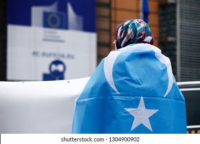 Brussels, Belgium. 5th Feb. 2019. Activists Protest The Treatment Of Uyghur Muslims By Chinese Authorities In Xinjiang Province At A Protest Outside The Headquarters Of The European Union. 