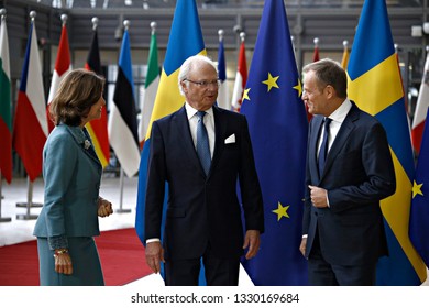 Brussels, Belgium. 5th March 2019. Swedish Queen Silvia and King Carl XVI Gustaf are welcomed by EU Council President Donald Tusk ahead of a meeting. 