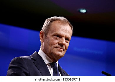 Brussels, Belgium. 5th March 2019. The Prime Minister of Armenia Nikol Pashinyan and the President of the European Council Donald Tusk give a joint statement to the media following their meeting.