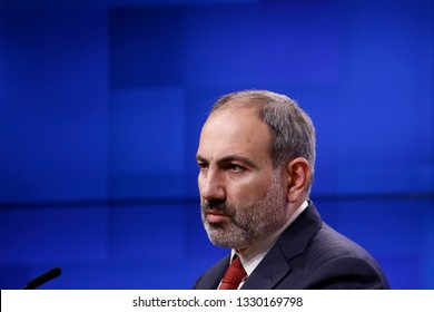 Brussels, Belgium. 5th March 2019. The Prime Minister of Armenia Nikol Pashinyan and the President of the European Council Donald Tusk give a joint statement to the media following their meeting.