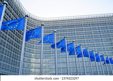 BRUSSELS, BELGIUM -6 FEB 2019- European Union (EU) flags in front of the Berlaymont building, headquarters of the European Commission in Brussels.