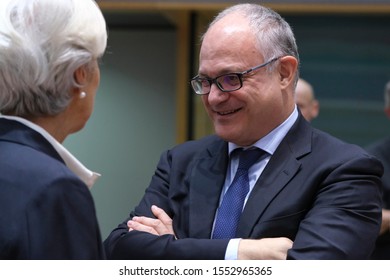 Brussels, Belgium. 7th November 2019. Italian Finance Minister Roberto Gualtieri Attends A Eurogroup Finance Ministers' Meeting.
