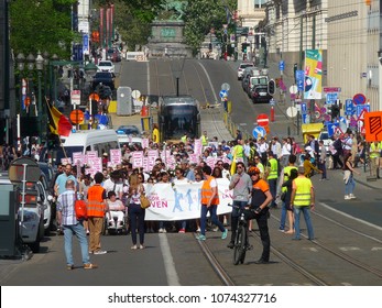 BRUSSELS, BELGIUM - April 22, 2018: Silent March Pro Life Against Abortion And Euthanasia In Downtown Brussels