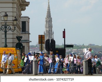 BRUSSELS, BELGIUM - April 22, 2018: Silent March Pro Life Against Abortion And Euthanasia In Downtown Brussels