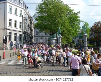 BRUSSELS, BELGIUM - April 22, 2018: Silent March Pro Life Against Abortion And Euthanasia In Downtown Brussels