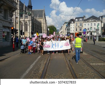 BRUSSELS, BELGIUM - April 22, 2018: Silent March Pro Life Against Abortion And Euthanasia In Downtown Brussels