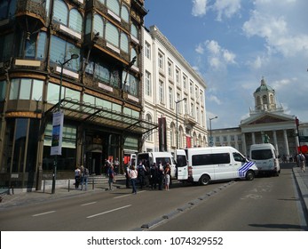 Brussels, Belgium - April 22, 2018: Police Making Arrests During A Silent March Pro Life Against Abortion And Euthanasia In Downtown Brussels