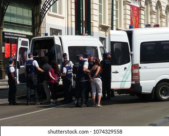 Brussels, Belgium - April 22, 2018: Police Making Arrests During A Silent March Pro Life Against Abortion And Euthanasia In Downtown Brussels